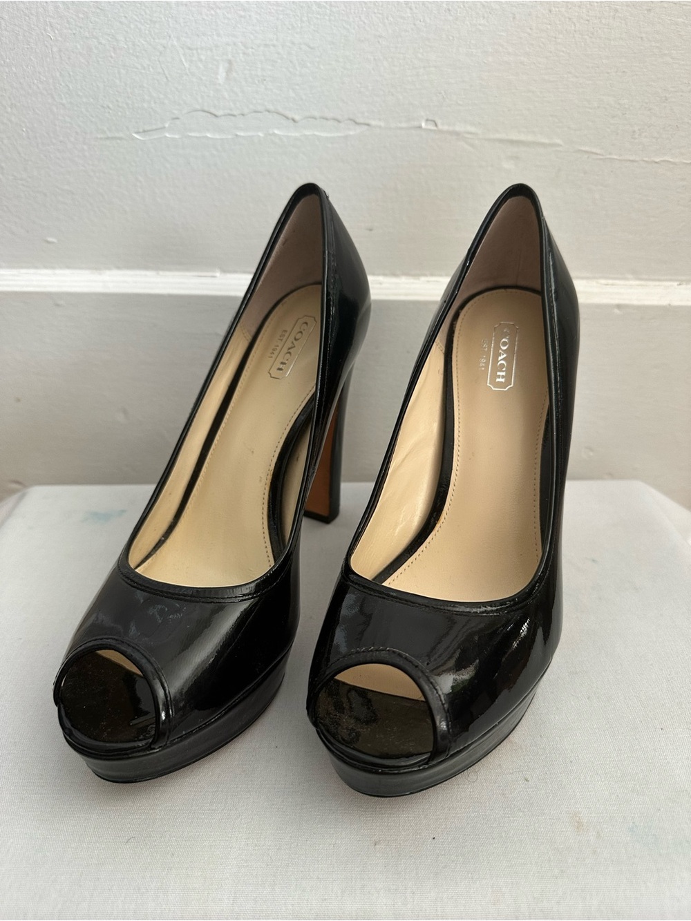 Coach Black Patent Leather Peep-Toe Platform Pumps. Size 9.5